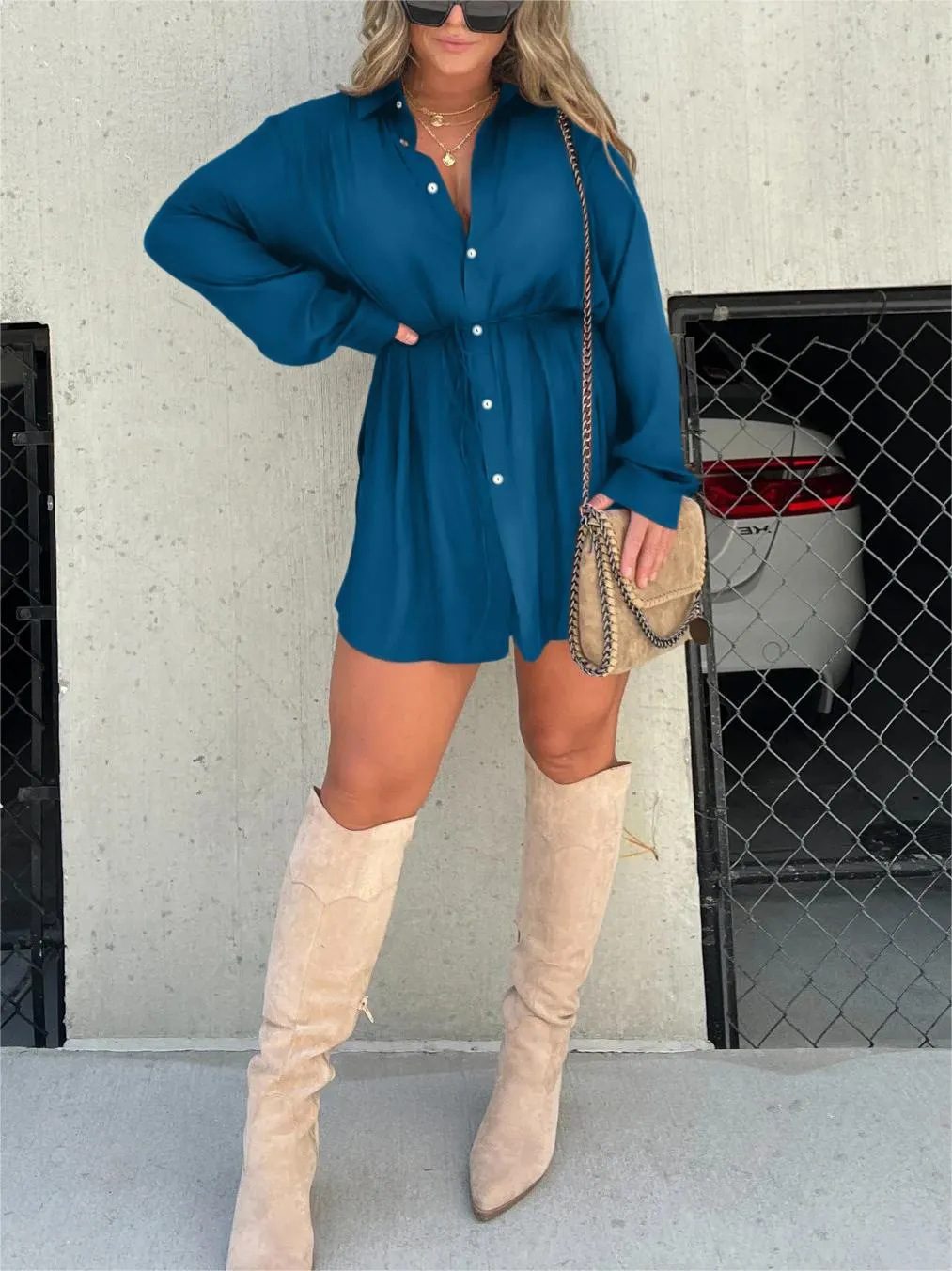 Women’s Long Sleeve Jumpsuit – Button-Down Fashion Shirt Dress Romper, Lace-Up Casual Chic - Image 7