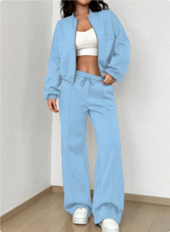 Women’s Sports Two-Piece Set – Zipper Jacket & Wide-Leg Pants Athleisure Outfit - Image 5