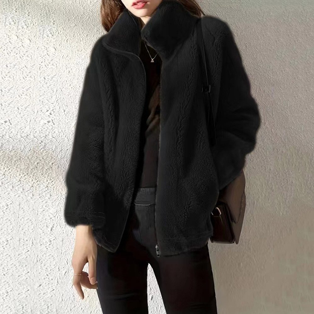 Women’s Double-Faced Fleece High Neck Cardigan – Loose Fit Warm Stand Collar Sweater Coat - Image 5