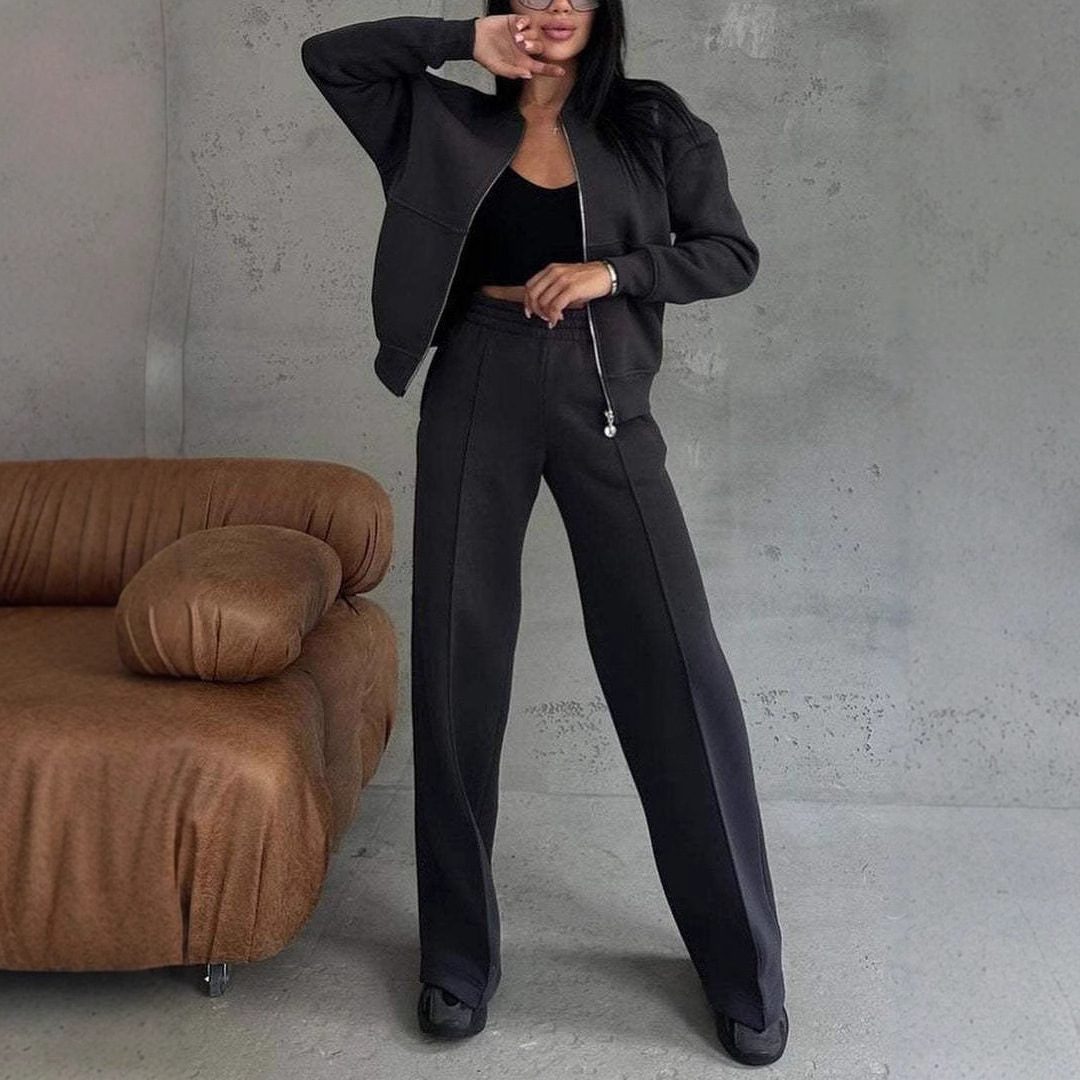Women’s Sports Two-Piece Set – Zipper Jacket & Wide-Leg Pants Athleisure Outfit - Image 9