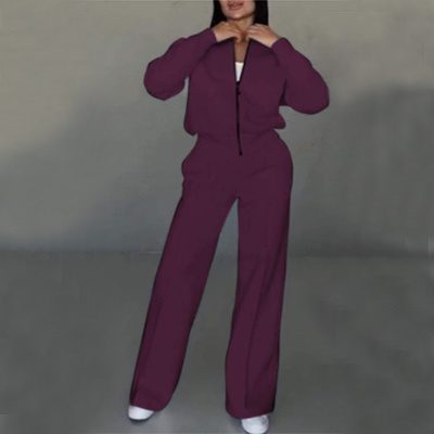 Women’s Sports Two-Piece Set – Zipper Jacket & Wide-Leg Pants Athleisure Outfit - Image 2