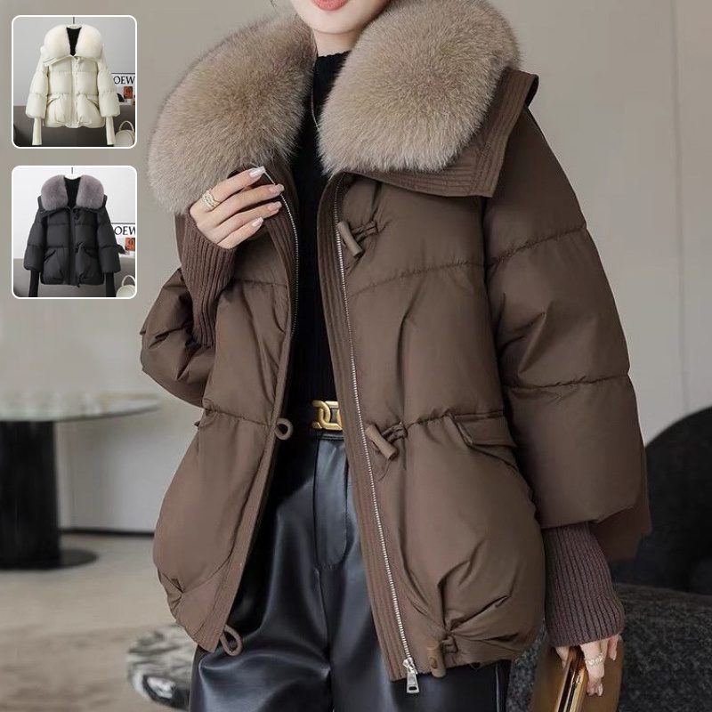 Women’s Short Down Cotton-Padded Jacket with Faux Fur Collar – Thick Warm Winter Puffer Coat