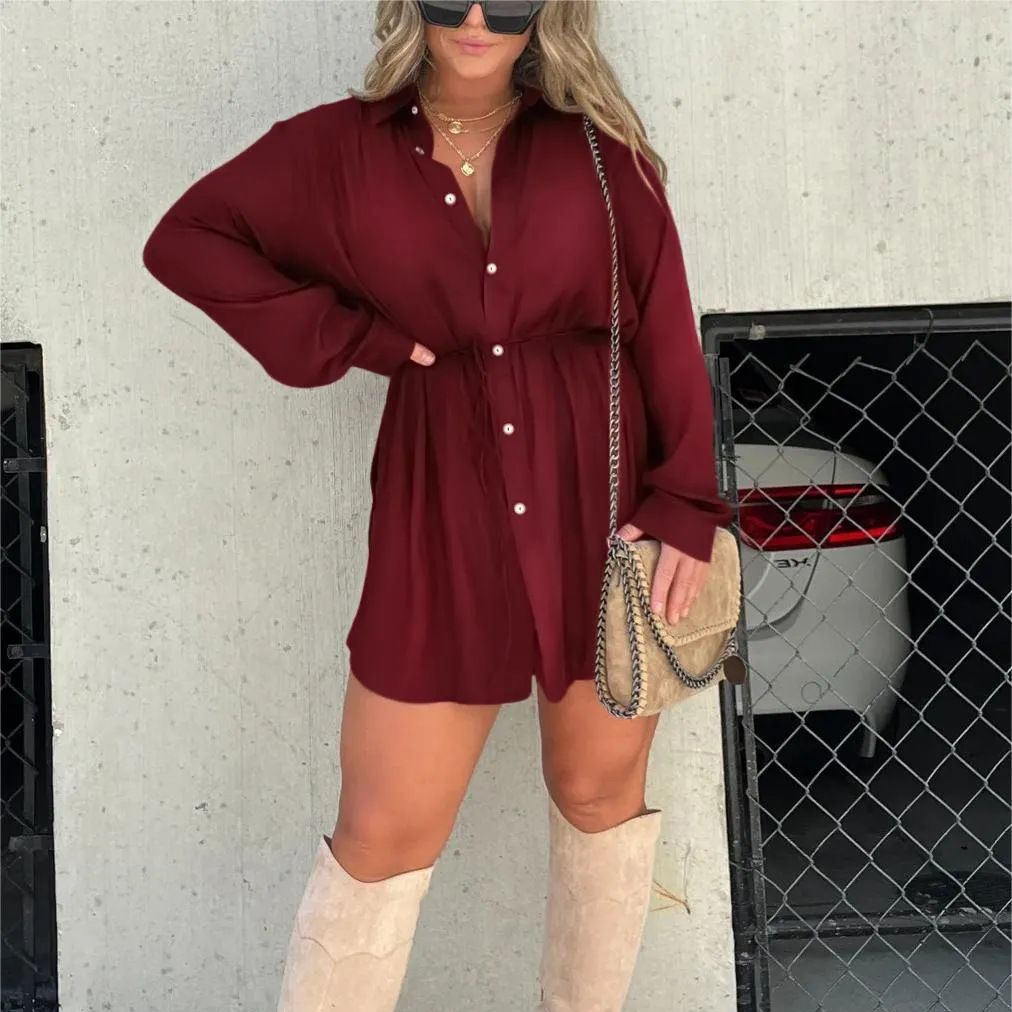 Women’s Long Sleeve Jumpsuit – Button-Down Fashion Shirt Dress Romper, Lace-Up Casual Chic