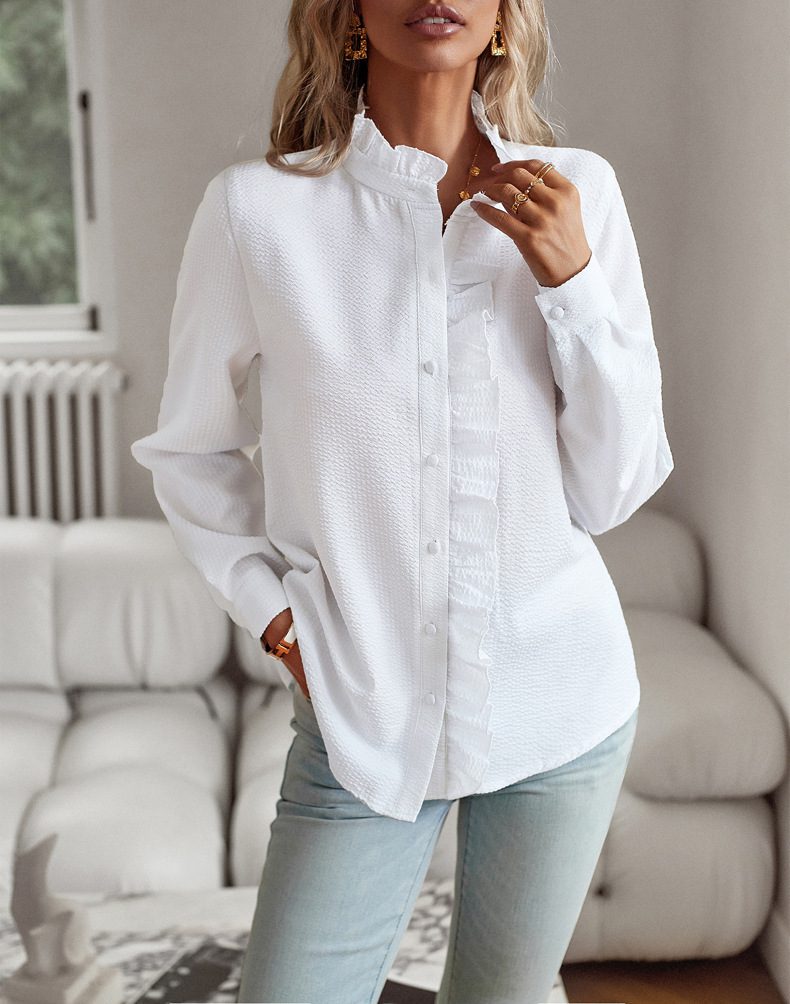 Women’s Striped Long Sleeve Ruffle Blouse – Button-Up Casual Office Shirt, Elegant Workwear Top - Image 4