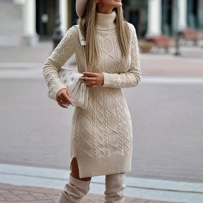 Women’s Turtleneck Knitted Dress with Side Slit – Winter Warm Long Pullover Sweater Dress - Image 2