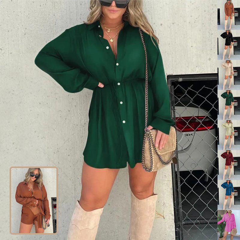 Women’s Long Sleeve Jumpsuit – Button-Down Fashion Shirt Dress Romper, Lace-Up Casual Chic - Image 3