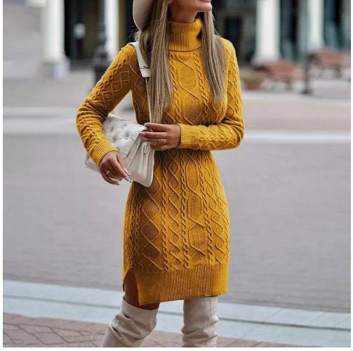 Women’s Turtleneck Knitted Dress with Side Slit – Winter Warm Long Pullover Sweater Dress - Image 7