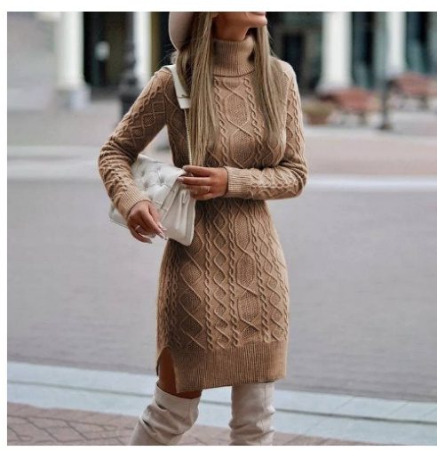 Women’s Turtleneck Knitted Dress with Side Slit – Winter Warm Long Pullover Sweater Dress - Image 3