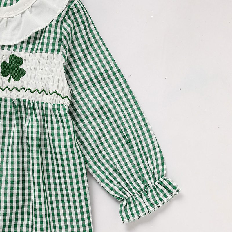 Newborn Baby Girl Green Plaid Clover Print One-Piece Bodysuit – Long Sleeve Infant Romper - Image 3