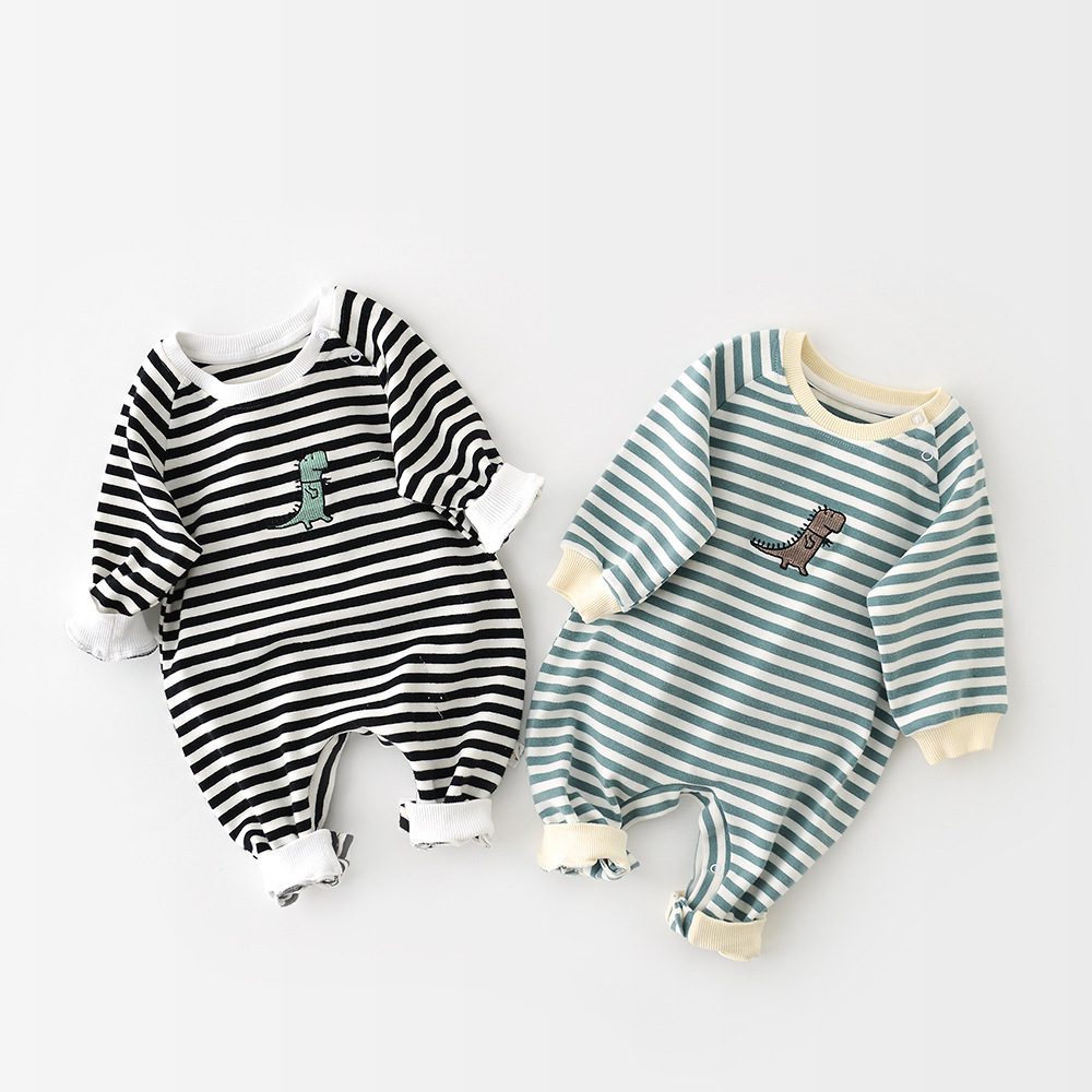 Unisex Baby Dinosaur Striped Romper – Long Sleeve Cotton Embroidered Jumpsuit (66–90cm)