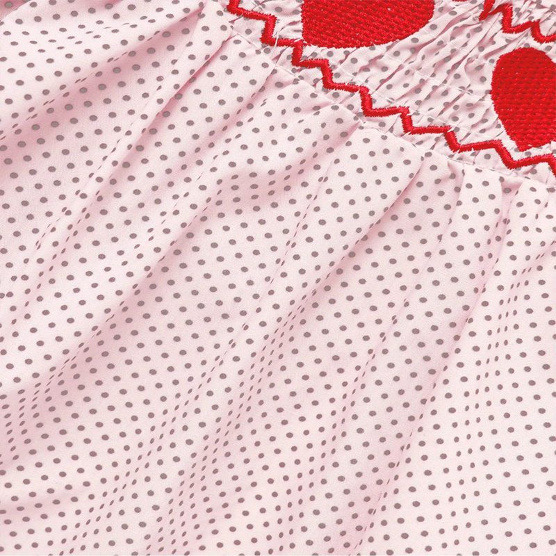 Baby Girl Pink Romper – Polka Dot with Heart Embroidery & Ruffle Trim for Valentine’s Day (0–18M) - Image 2