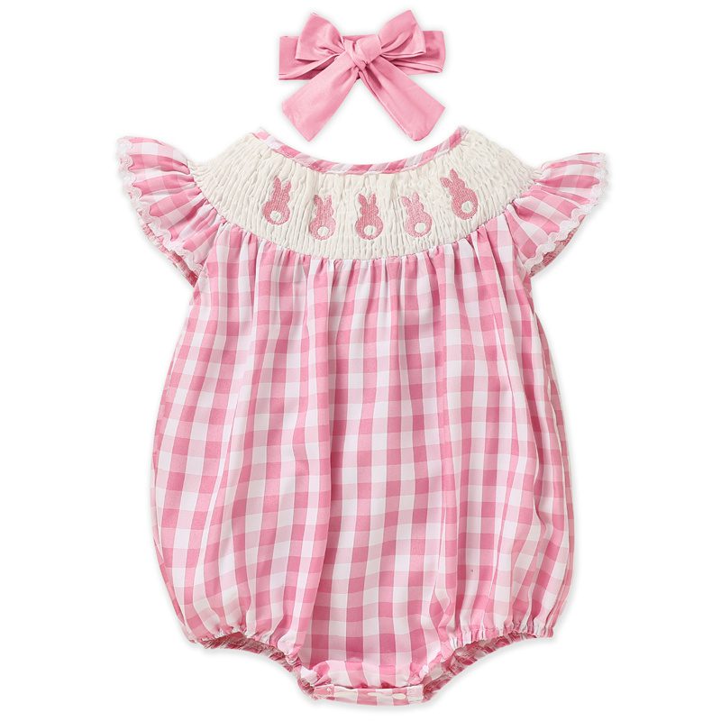 Baby Girl Bunny Romper Set – Cap Sleeve Pink Checkered Playsuit with Headband for Easter (3–18M) - Image 8