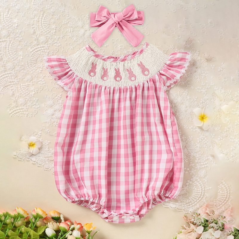 Baby Girl Bunny Romper Set – Cap Sleeve Pink Checkered Playsuit with Headband for Easter (3–18M) - Image 7