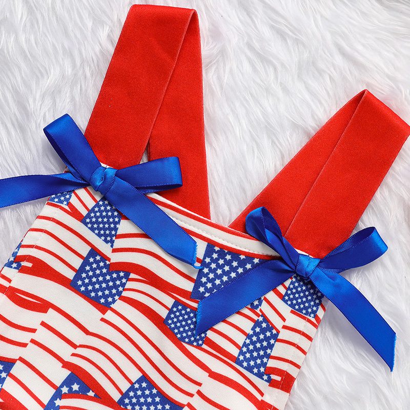 Baby Girl 4th of July Romper – Sleeveless Flag Print Triangle Bodysuit with Bowknot (0–12M) - Image 4