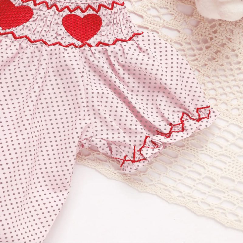 Baby Girl Pink Romper – Polka Dot with Heart Embroidery & Ruffle Trim for Valentine’s Day (0–18M) - Image 4