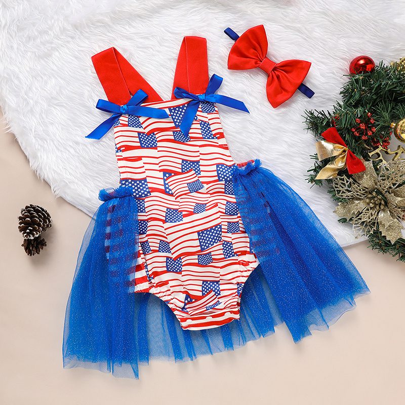 Baby Girl 4th of July Romper – Sleeveless Flag Print Triangle Bodysuit with Bowknot (0–12M)