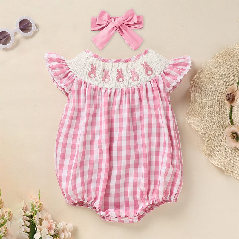 Baby Girl Bunny Romper Set – Cap Sleeve Pink Checkered Playsuit with Headband for Easter (3–18M)