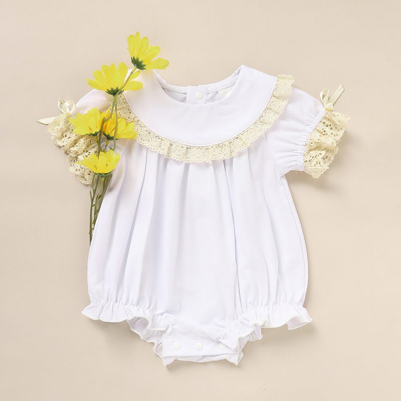 Baby Girl White Lace Romper – Elegant Short Sleeve Bubble Jumpsuit for Weddings, Baptism & Summer Events (0–18M) - Image 5