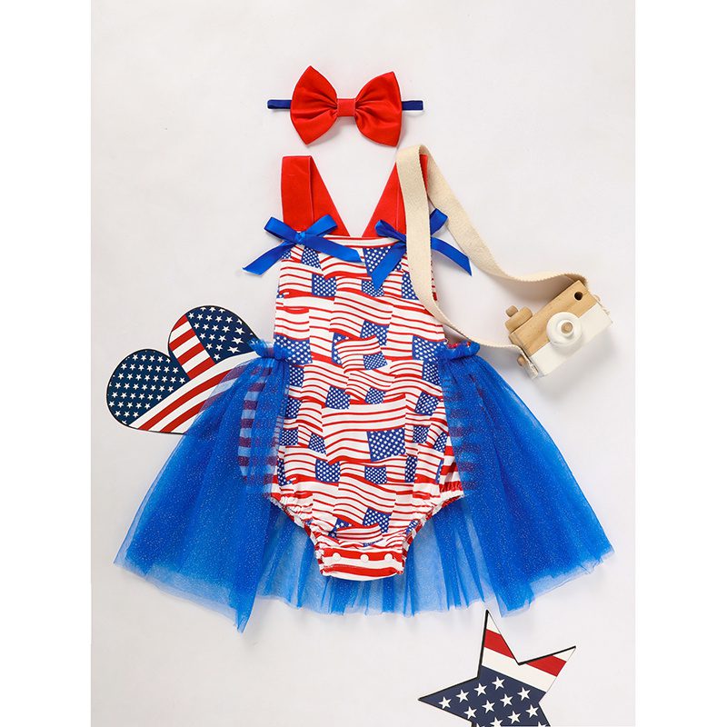 Baby Girl 4th of July Romper – Sleeveless Flag Print Triangle Bodysuit with Bowknot (0–12M) - Image 2