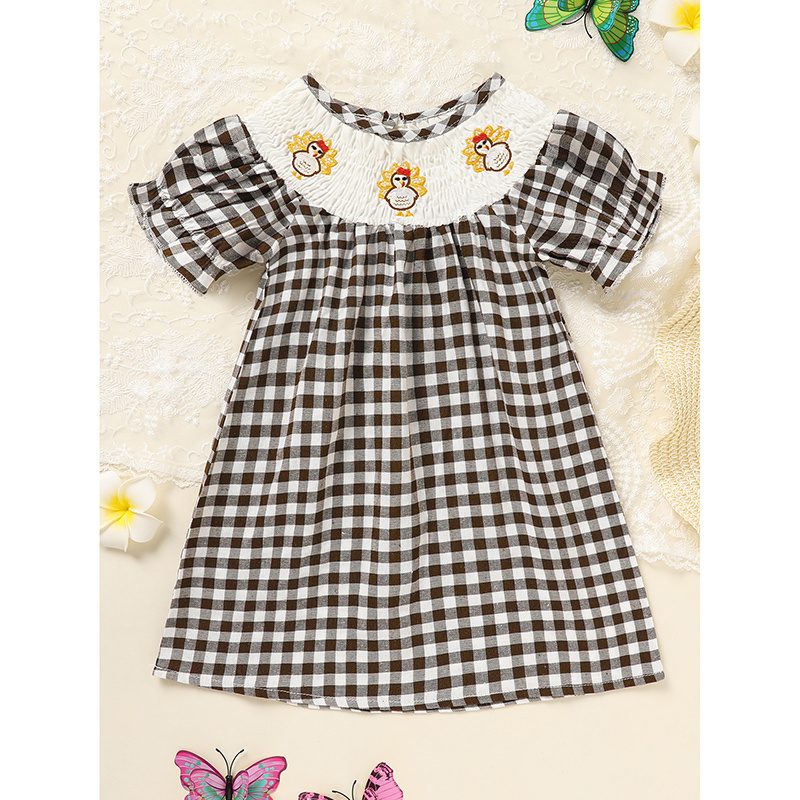 Infant Baby Girl Thanksgiving Dress – Turkey Print Plaid Party Dress, Short Sleeve Fall Outfit