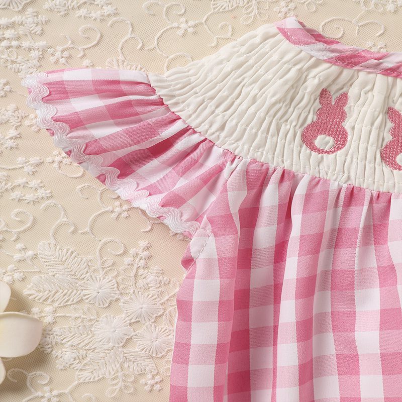 Baby Girl Bunny Romper Set – Cap Sleeve Pink Checkered Playsuit with Headband for Easter (3–18M) - Image 9