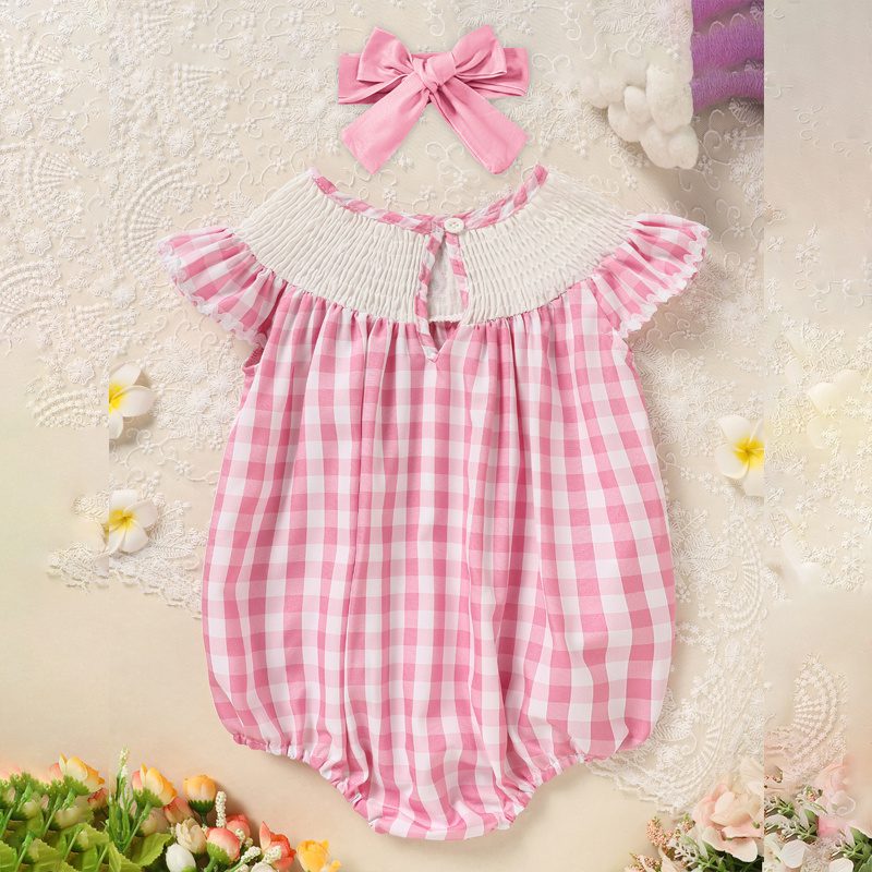 Baby Girl Bunny Romper Set – Cap Sleeve Pink Checkered Playsuit with Headband for Easter (3–18M) - Image 5