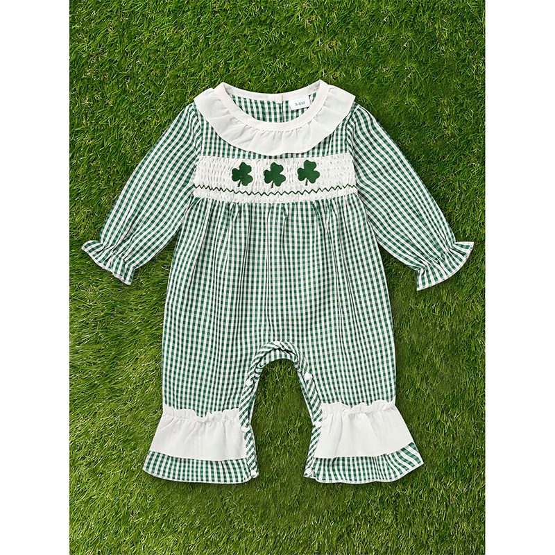 Newborn Baby Girl Green Plaid Clover Print One-Piece Bodysuit – Long Sleeve Infant Romper
