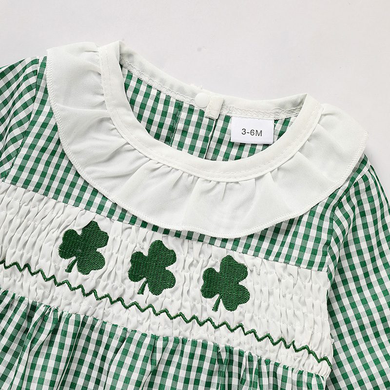 Newborn Baby Girl Green Plaid Clover Print One-Piece Bodysuit – Long Sleeve Infant Romper - Image 5