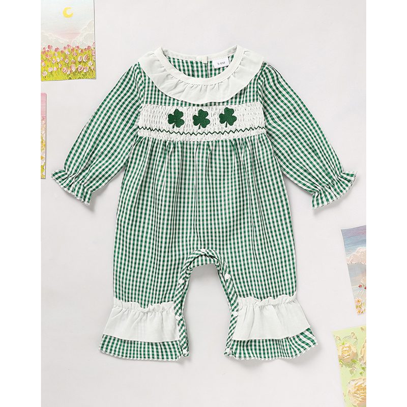 Newborn Baby Girl Green Plaid Clover Print One-Piece Bodysuit – Long Sleeve Infant Romper - Image 4