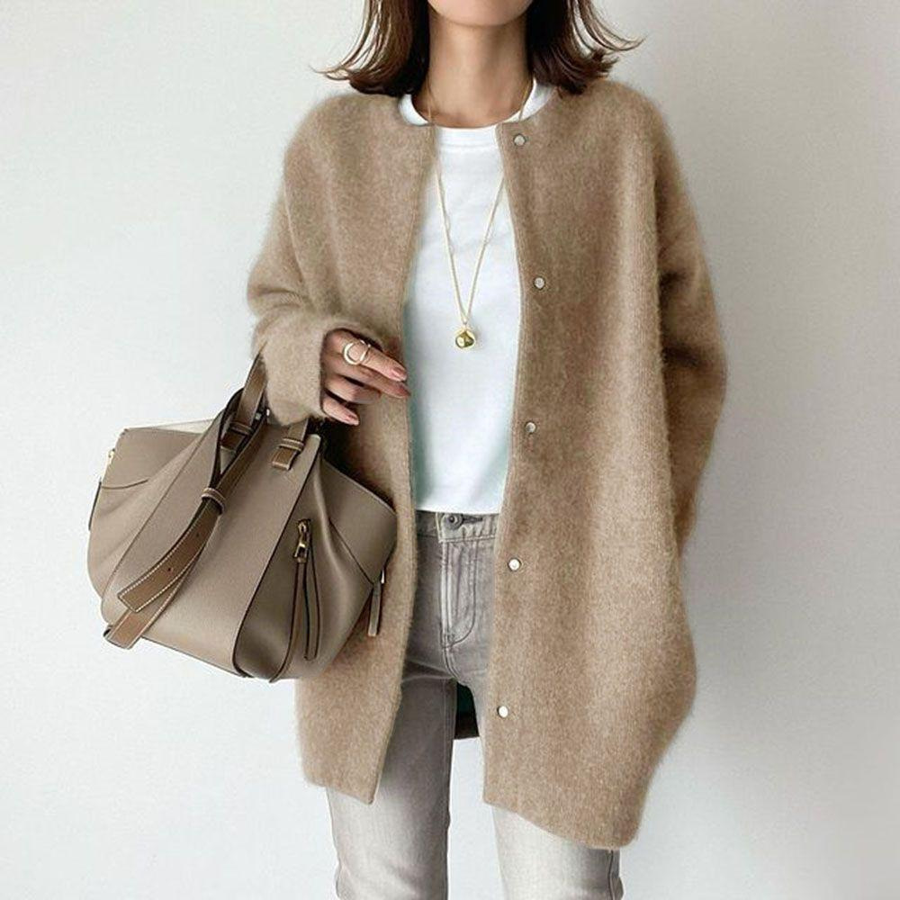 Women’s Loose Knit Cardigan Coat – Round Neck Single Breasted Solid Color Jacket for Fall & Winter - Image 3