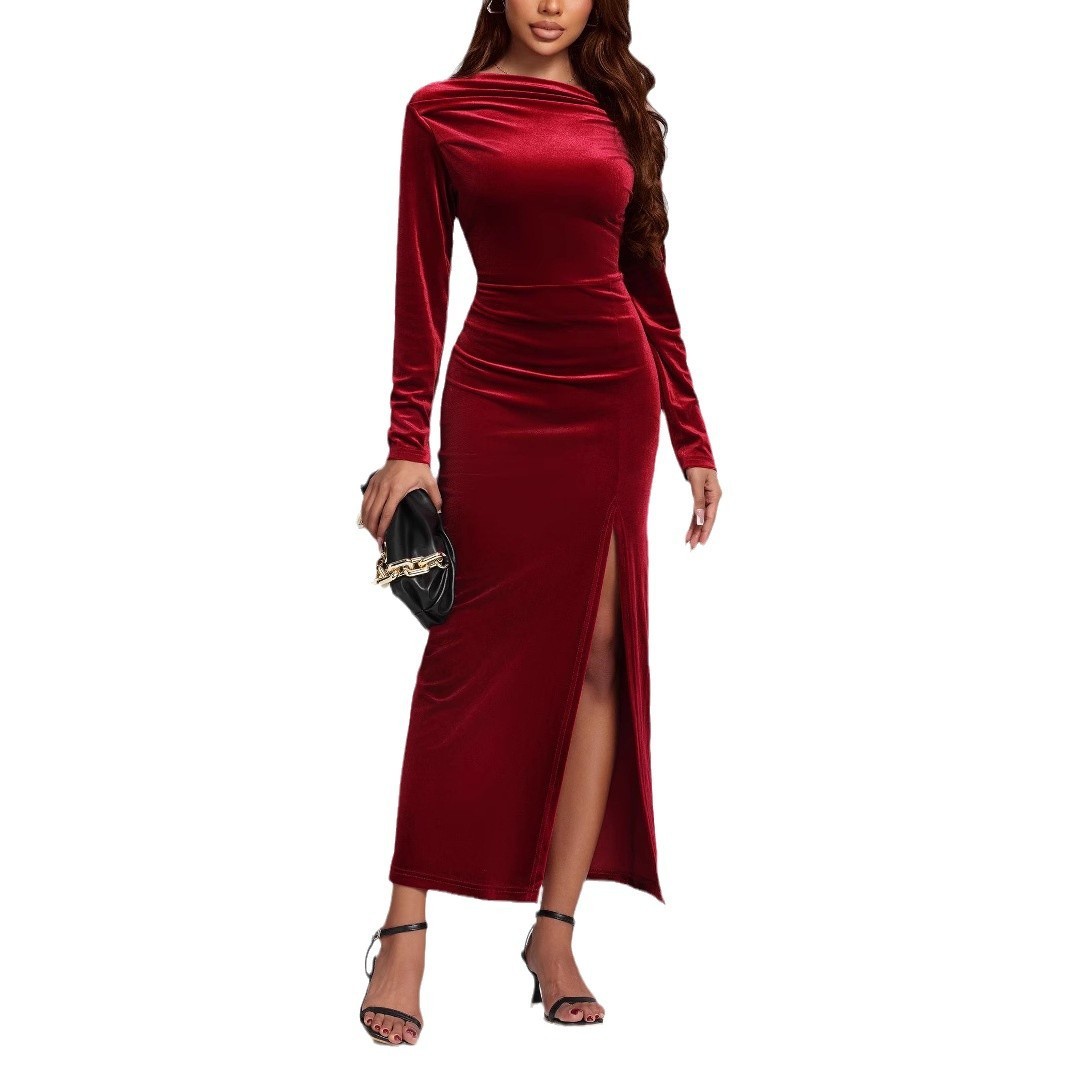 Women’s Velvet Slit Formal Maxi Dress – Long Sleeve High-Waist Elegant Evening Pleuche Dress (Red) - Image 5