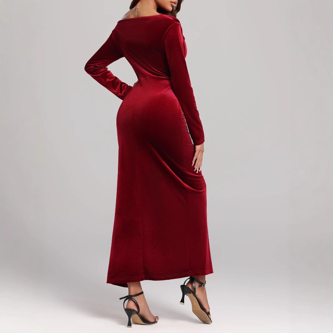 Women’s Velvet Slit Formal Maxi Dress – Long Sleeve High-Waist Elegant Evening Pleuche Dress (Red) - Image 4