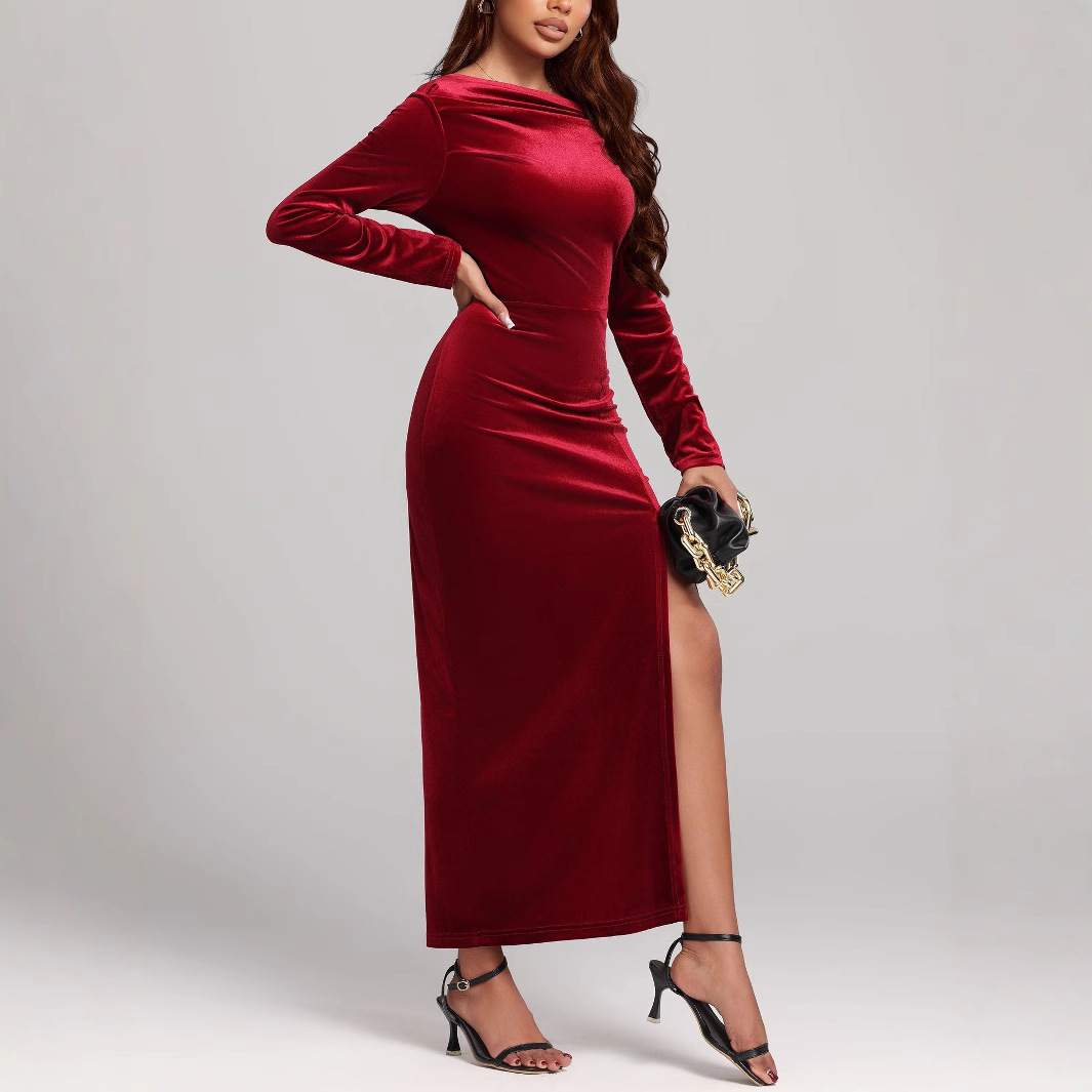 Women’s Velvet Slit Formal Maxi Dress – Long Sleeve High-Waist Elegant Evening Pleuche Dress (Red) - Image 3
