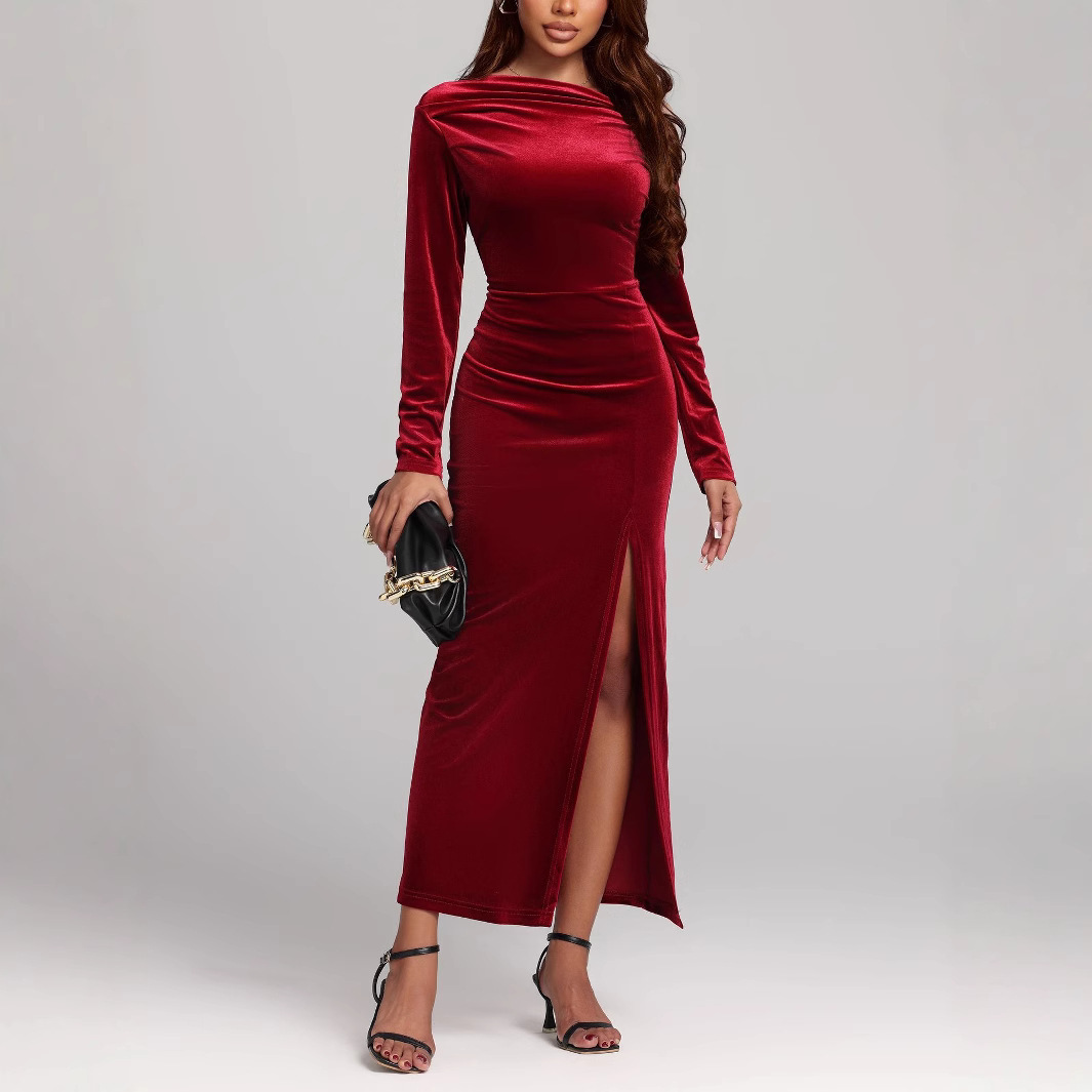 Women’s Velvet Slit Formal Maxi Dress – Long Sleeve High-Waist Elegant Evening Pleuche Dress (Red)